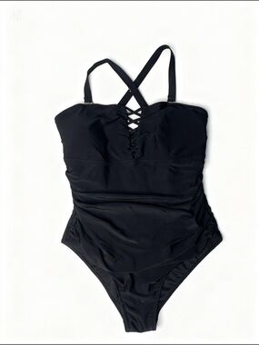 Black One-Piece Swim Suit with Crisscross Front